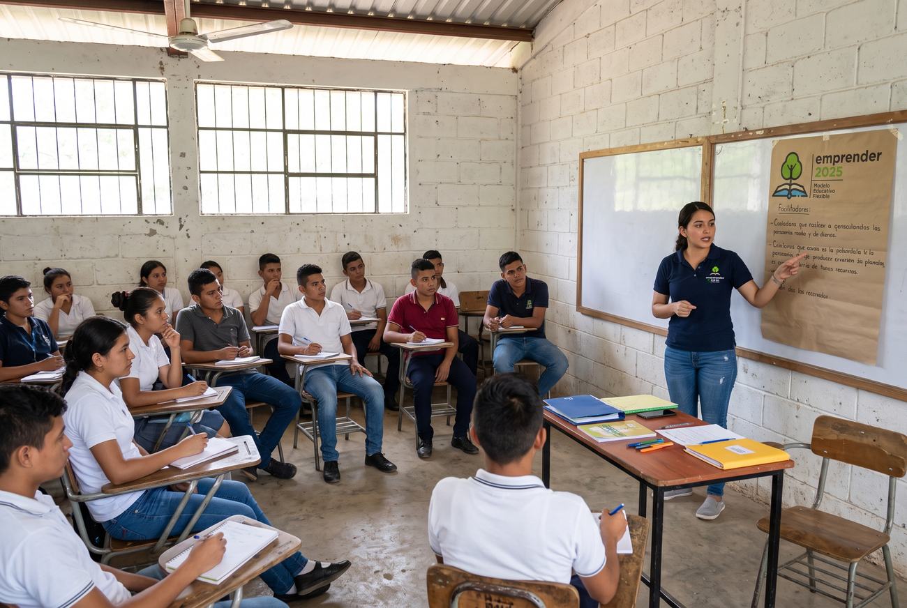Docente del Modelo Educativo Flexible dictando clase a jóvenes y adultos en un aula rural
